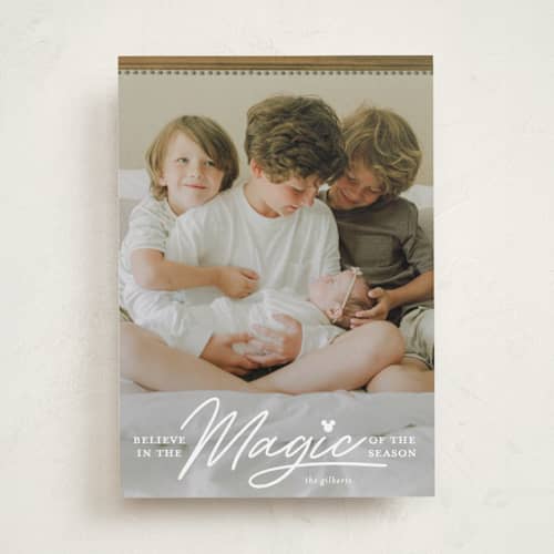 This is a snow holiday photo cards with standard by Carrie ONeal called disney mickey magical season printing on recycled smooth signature in standard