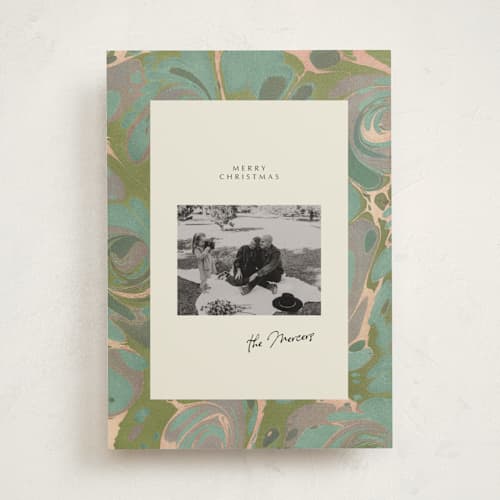 This is a sage holiday photo cards with standard by Leia Matt called marbled editorial printing on recycled smooth signature in standard