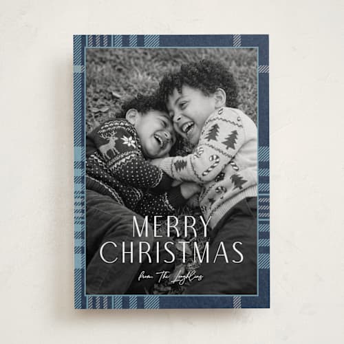 This is a navy holiday photo cards with standard by Annie Holmquist called foiled plaid printing on recycled smooth signature in standard