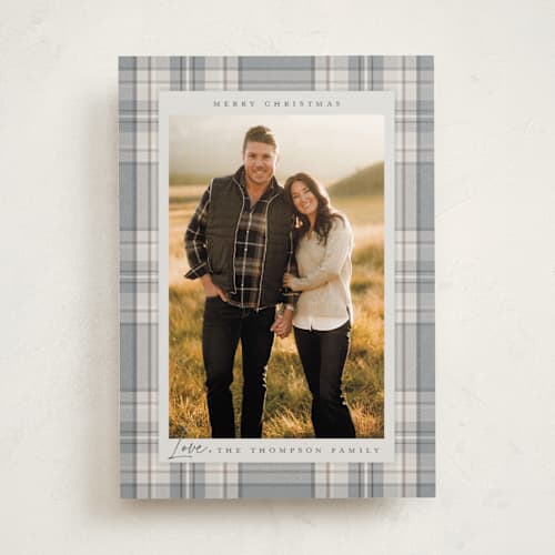 This is a linen holiday photo cards with standard by Wildfield Paper Co called tartan printing on recycled smooth signature in standard