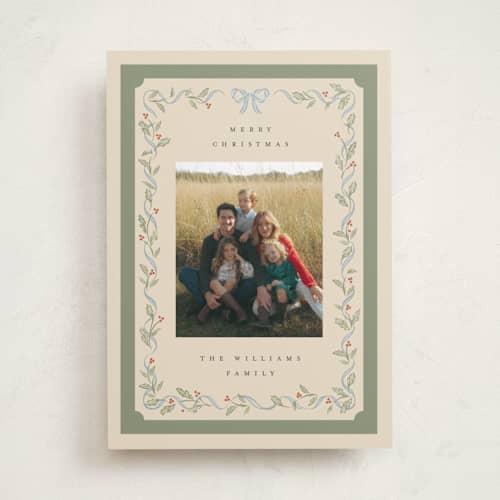 This is a mistletoe holiday photo cards with standard by Robert and Stella called christmas greenery printing on recycled smooth signature in standard