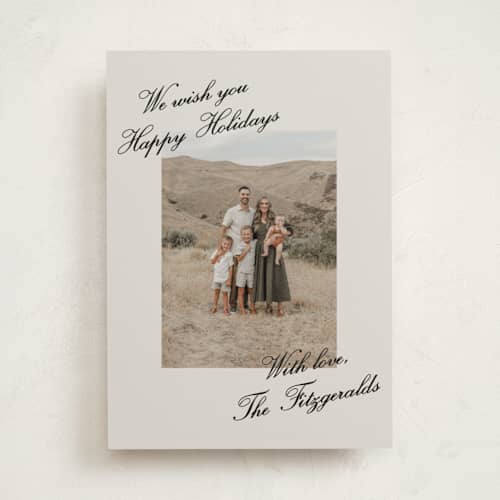 This is a coal holiday photo cards with standard by Jackie Crawford called holiday scripted corners printing on recycled smooth signature in standard