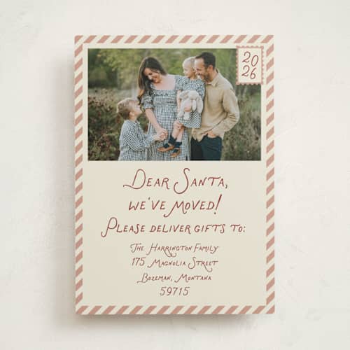 This is a toffee holiday photo cards with standard by Rebecca Dymon called dear santa, we've moved! printing on recycled smooth signature in standard