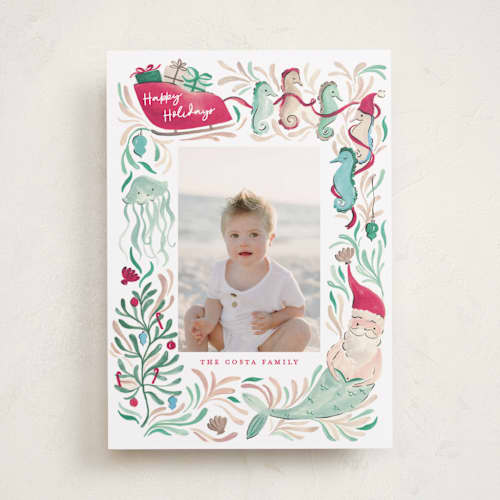 This is a pink sands holiday photo cards with standard by Sarah Knight called coastal christmas printing on recycled smooth signature in standard