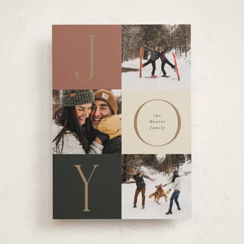 This is a rust holiday photo cards with standard by Nicoletta Savod called joyful trio printing on recycled smooth signature in standard