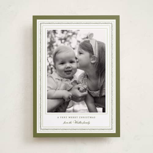 This is a sage holiday photo cards with standard by Sara Hicks Malone called fair isle printing on recycled smooth signature in standard