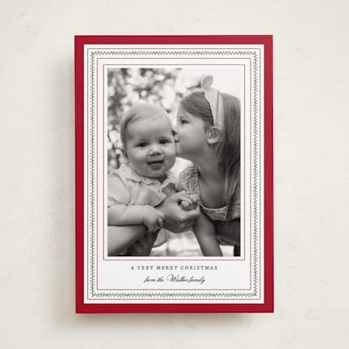 This is a poinsettia holiday photo cards with standard by Sara Hicks Malone called fair isle printing on recycled smooth signature in standard