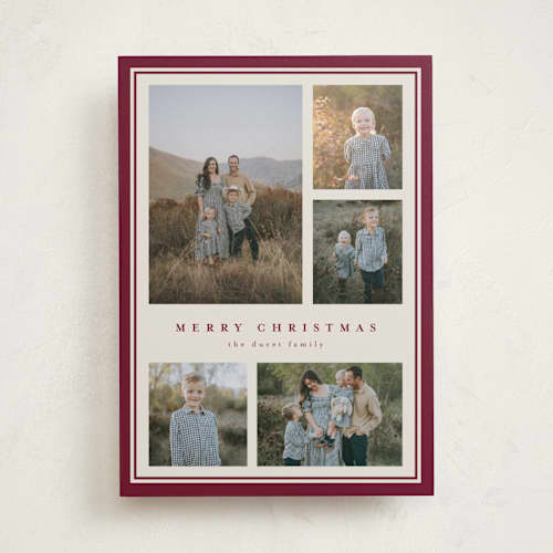 This is a cranberry holiday photo cards with standard by Diana Pinnell called five moments printing on recycled smooth signature in standard