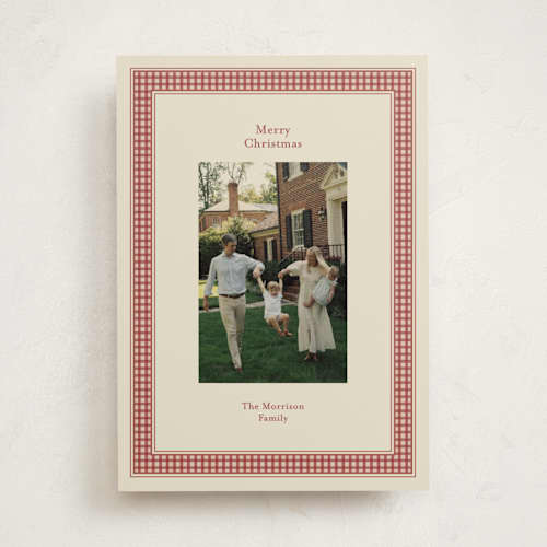 This is a cranberry holiday photo cards with standard by Ellen Schlegelmilch called gingham ribbon printing on recycled smooth signature in standard