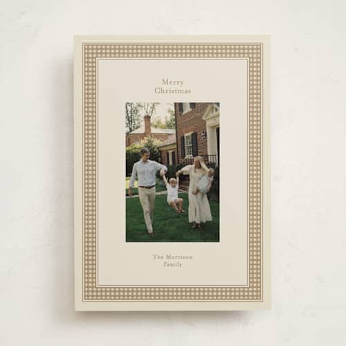 This is a champagne holiday photo cards with standard by Ellen Schlegelmilch called gingham ribbon printing on recycled smooth signature in standard