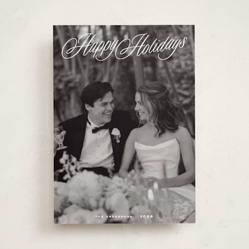 This is a snow holiday photo cards with standard by JoAnn Jinks called heirloom script printing on recycled smooth signature in standard