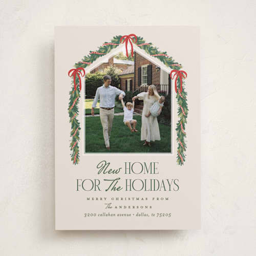 This is a ivory holiday photo cards with standard by Julie Murray called happy new home printing on recycled smooth signature in standard