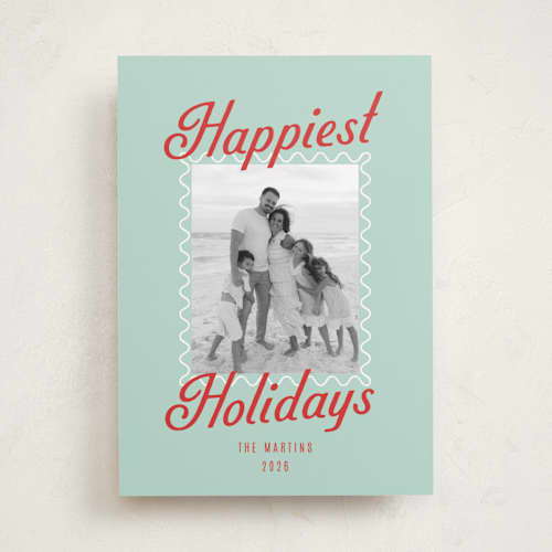 This is a seafoam holiday photo cards with standard by Olivia Raufman called happy on holiday printing on recycled smooth signature in standard