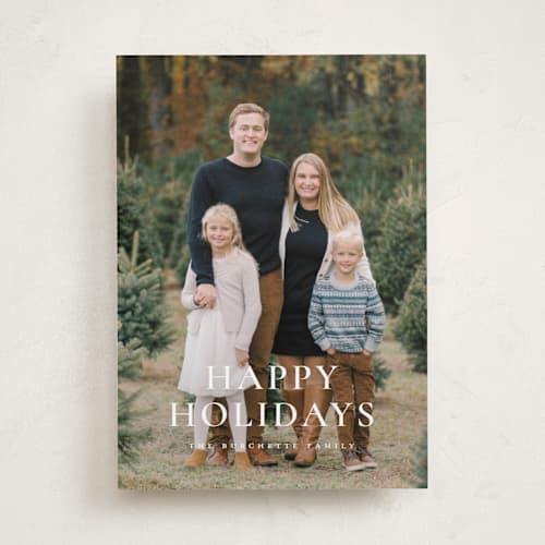 This is a snowflake holiday photo cards with standard by Wildfield Paper Co called happy holidays! printing on recycled smooth signature in standard