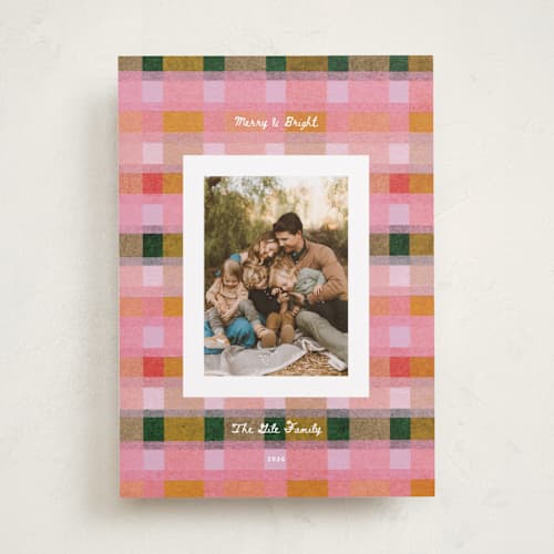 This is a fruitcake holiday photo cards with standard by Carrie Moradi called festive checked plaid printing on recycled smooth signature in standard