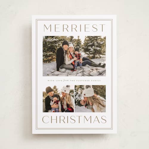 This is a champagne holiday photo cards with standard by Sarah Brown called just the merriest printing on recycled smooth signature in standard