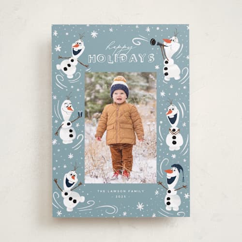 This is a ice holiday photo cards with standard by Orasie called disney's frozen olaf holiday fun printing on recycled smooth signature in standard