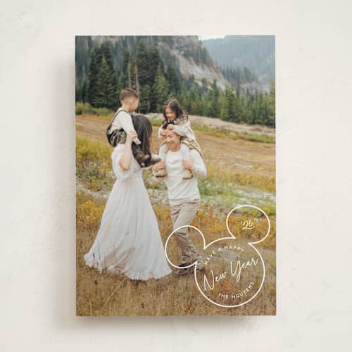 This is a snow holiday photo cards with standard by Hooray Creative called disney's mickey outline printing on recycled smooth signature in standard