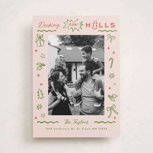 This is a pine holiday photo cards with standard by Alethea and Ruth called decking new halls drawing printing on recycled smooth signature in standard