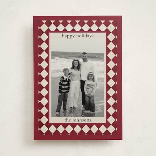This is a burgundy holiday photo cards with standard by Angel Walker called marble diamond printing on recycled smooth signature in standard
