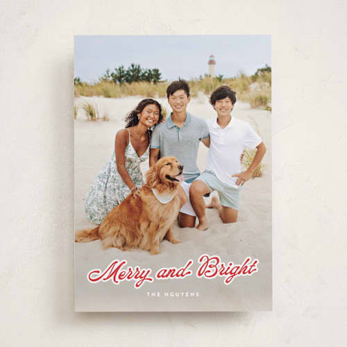 This is a cranberry holiday photo cards with standard by Sara Hicks Malone called b r i g h t printing on recycled smooth signature in standard