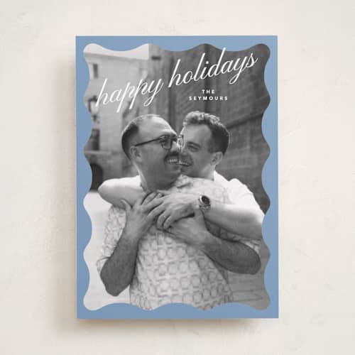 This is a cornflower holiday photo cards with standard by Carrie Moradi called chalet trim printing on recycled smooth signature in standard