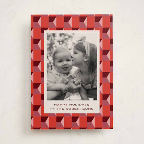 This is a cranberry holiday photo cards with standard by Lindsay Stetson Thompson called colorblock geo printing on recycled smooth signature in standard