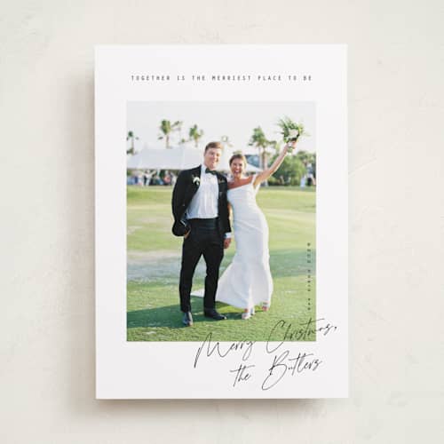 This is a snow holiday photo cards with standard by Orasie called merriest together printing on recycled smooth signature in standard