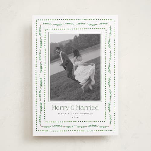 This is a elf shoes holiday photo cards with standard by Erika Firm called nostalgic ribbon border printing on recycled smooth signature in standard