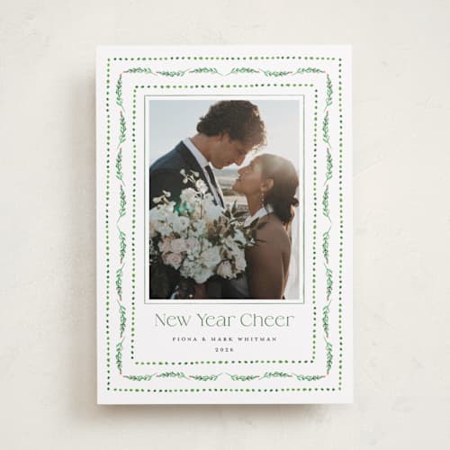This is a elf shoes holiday photo cards with standard by Erika Firm called nostalgic ribbon border printing on recycled smooth signature in standard
