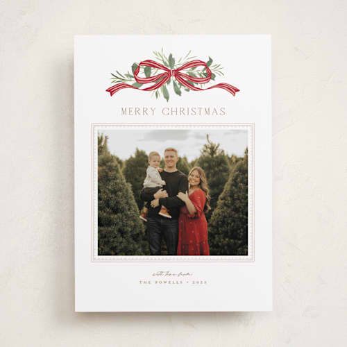 This is a santa holiday photo cards with standard by Everett Paper Goods called greenery swag printing on recycled smooth signature in standard