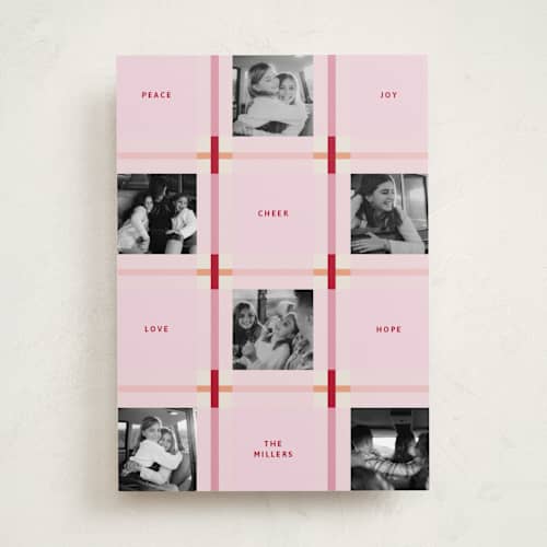 This is a strawberry holiday photo cards with standard by Inkblot Design called plaid squared printing on recycled smooth signature in standard