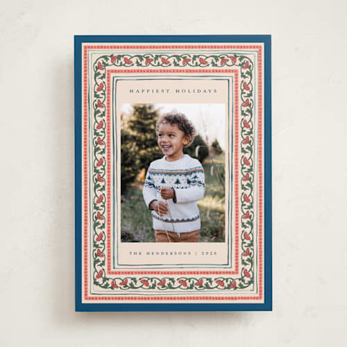 This is a blue jay holiday photo cards with standard by Teju Reval called festive block print printing on recycled smooth signature in standard