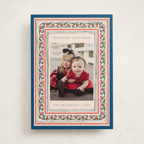 This is a blue jay holiday photo cards with standard by Teju Reval called festive block print printing on recycled smooth signature in standard