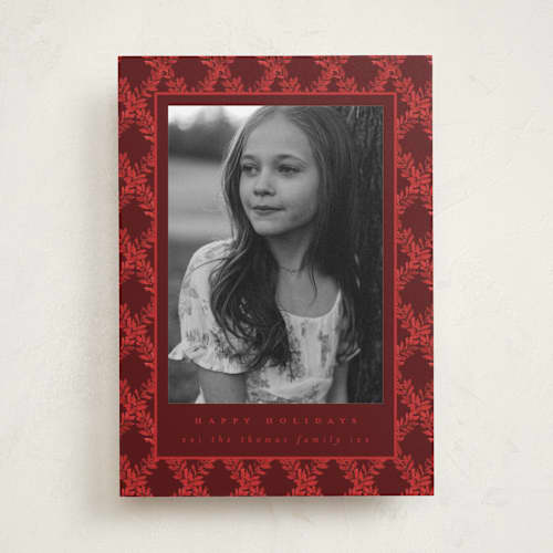 This is a holly berry holiday photo cards with standard by Leah Bisch called holly trellis printing on recycled smooth signature in standard