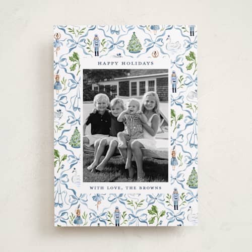 This is a blue ribbon holiday photo cards with standard by Sarah Knight called nutcracker ribbons printing on recycled smooth signature in standard