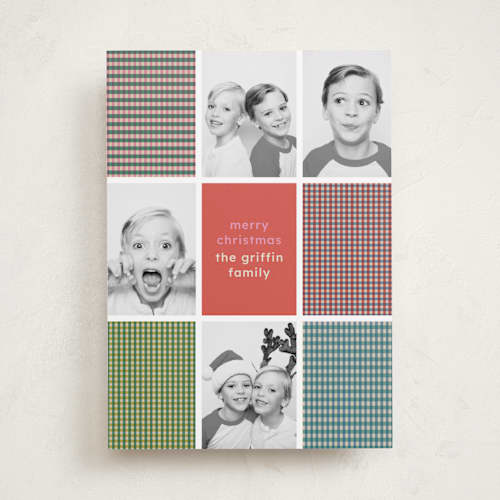 This is a candy holiday photo cards with standard by Kelly Watkins called modern plaid printing on recycled smooth signature in standard