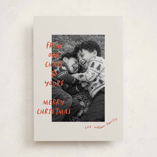 This is a crimson holiday photo cards with standard by Vera Lim called happy chaos printing on recycled smooth signature in standard