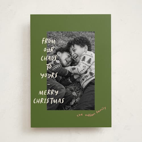 This is a sagewood holiday photo cards with standard by Vera Lim called happy chaos printing on recycled smooth signature in standard