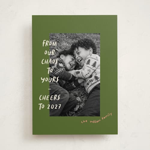 This is a sagewood holiday photo cards with standard by Vera Lim called happy chaos printing on recycled smooth signature in standard