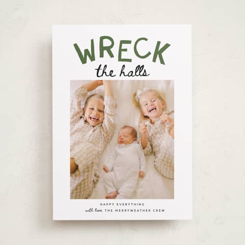 This is a tree farm holiday photo cards with standard by Kamala Nahas called wreck the halls with boughs of jolly printing on recycled smooth signature in standard