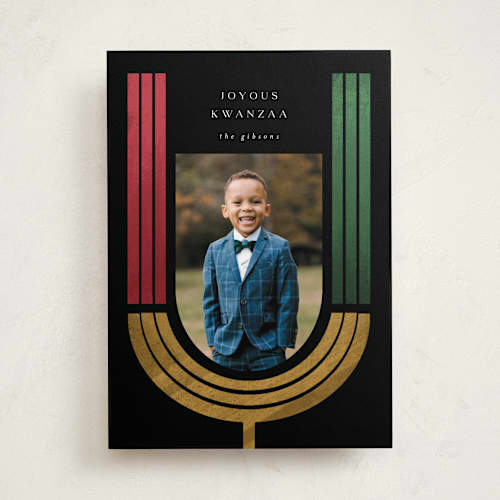 This is a charcoal kwanzaa cards with standard by Grae called rustic kinara printing on recycled smooth signature in standard