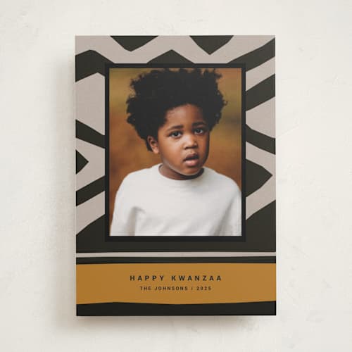 This is a ochre kwanzaa cards with standard by Sumak Studio called bold pattern printing on recycled smooth signature in standard