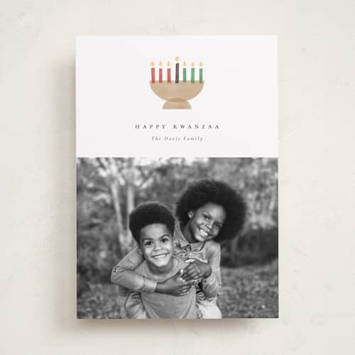 This is a linen kwanzaa cards with standard by Robert and Stella called mod candles printing on recycled smooth signature in standard