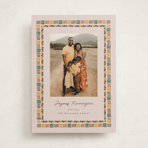This is a cream kwanzaa cards with standard by Carmia C. called kente border printing on recycled smooth signature in standard