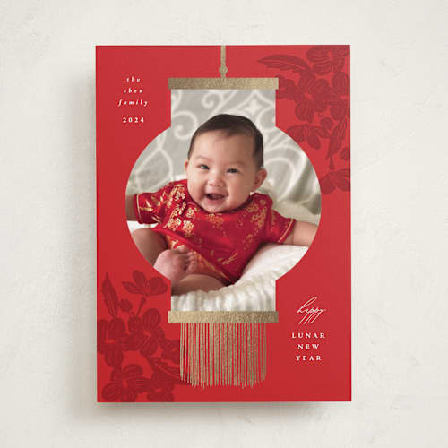 This is a crimson chinese new year cards with foil pressed by Corinne Malesic called new year lantern printing on recycled smooth signature in standard