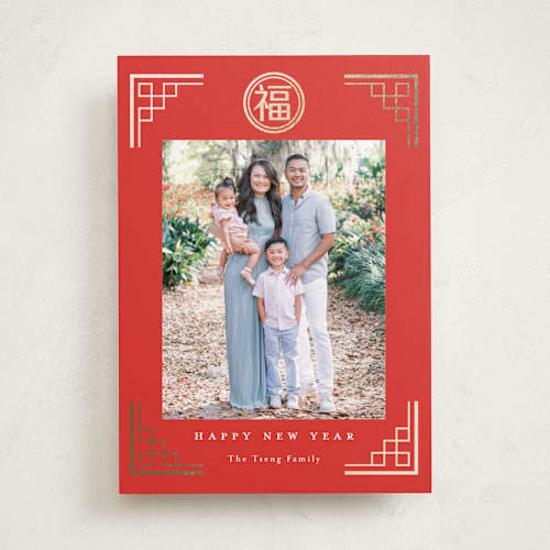 This is a scarlet chinese new year cards with foil pressed by Yaling Hou Suzuki called luck printing on recycled smooth signature in standard