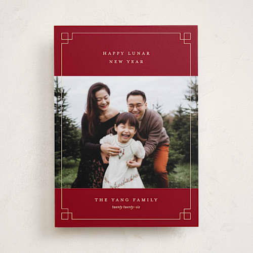 This is a cranberry chinese new year cards with standard by Pixel and Hank called happy lunar new year printing on recycled smooth signature in standard