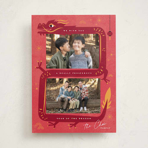 This is a firecracker chinese new year cards with standard by Leia Matt called dragon wishes printing on recycled smooth signature in standard