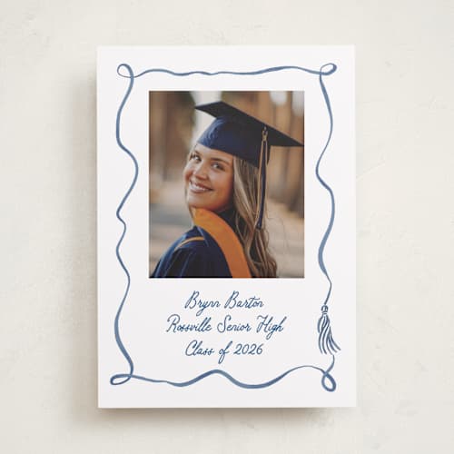 This is a cobalt graduation announcements with standard by Susan Zinader called sketched tassel frame printing on recycled smooth signature in standard